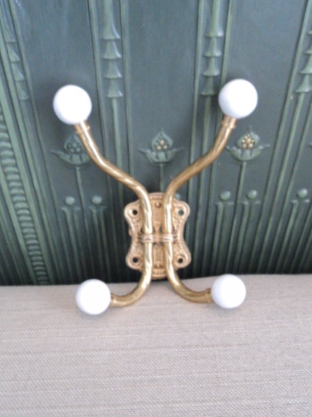 vintage brass porcelain double knob wall hook